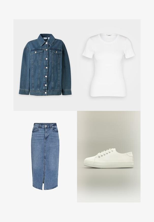 Blauwe spijkerjas met lange mouwen, kraag, knoopsluiting aan de voorkant en twee geknoopte borstzakken.; Witte katoenen T-shirt met korte mouwen, ronde halslijn en ribbelstructuur. Strakke pasvorm met een gladde, schone afwerking.; Lichtblauwe denim midi rok met een voorflap, vijf zakken, riemlussen en een knoopsluiting in de taille. Klassieke pasvorm en textuur.; Witte lage sneaker met witte veters en rubberen zool, zijaanzicht op een neutrale achtergrond.