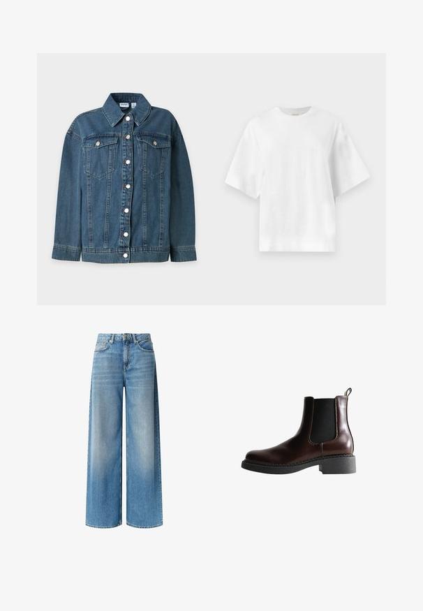 Blauwe spijkerjas met lange mouwen, kraag, knoopsluiting aan de voorkant en twee geknoopte borstzakken.; Effen witte oversized T-shirt met korte mouwen en ronde hals, plat afgebeeld tegen een lichtgrijze achtergrond.; Brede blauwe denim jeans hebben een lichte wassing, hoge taille, voorzakken en een subtiele vervagingseffect langs de benen. Afgewerkt met een knoopsluiting.; Bruine leren enkelboot met elastische zijpanelen, ronde neus en een gestructureerde zwarte rubberen zool. Heeft contrasterende stiksels en een lusje aan de achterkant.