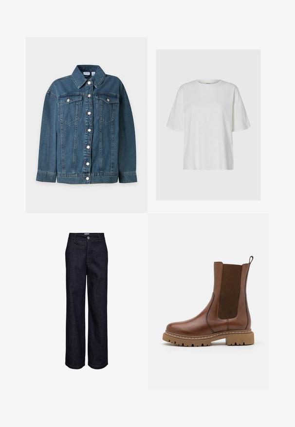 Blaue Jeansjacke mit langen Ärmeln, Kragen, vorderem Knopfverschluss und zwei mit Knöpfen verschließbaren Brusttaschen.; Schlichtes weißes T-Shirt mit kurzen Ärmeln und Rundhalsausschnitt, auf grauem Hintergrund präsentiert, ohne sichtbare Muster oder Logos.; Dunkelblaue Denim-Jeans mit geradem Bein, Knopf- und Reißverschluss, Gürtelschlaufen und sichtbaren Nahtdetails.; Braune Leder-Ankle-Boots mit elastischen Einsätzen und einem Ziehschlaufe. Sie verfügen über eine robuste Gummisohle und sichtbare Nahtdetails entlang der Kanten.