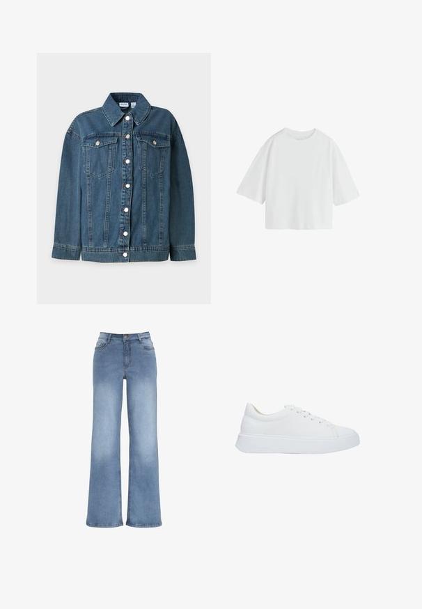 Blauwe spijkerjas met lange mouwen, kraag, knoopsluiting aan de voorkant en twee geknoopte borstzakken.; Effen witte oversized T-shirt met korte mouwen, een ronde hals en een losse pasvorm.; Lichtblauwe wijde spijkerbroek van denim. Voorzien van een knoopsluiting, vijf zakken en stiksels. Gladde textuur met een lichte vervaging.; Witte leren sneakers met een ronde neus, platte veters en een dikke rubberen zool. Gladde textuur met minimale stikseldetails.