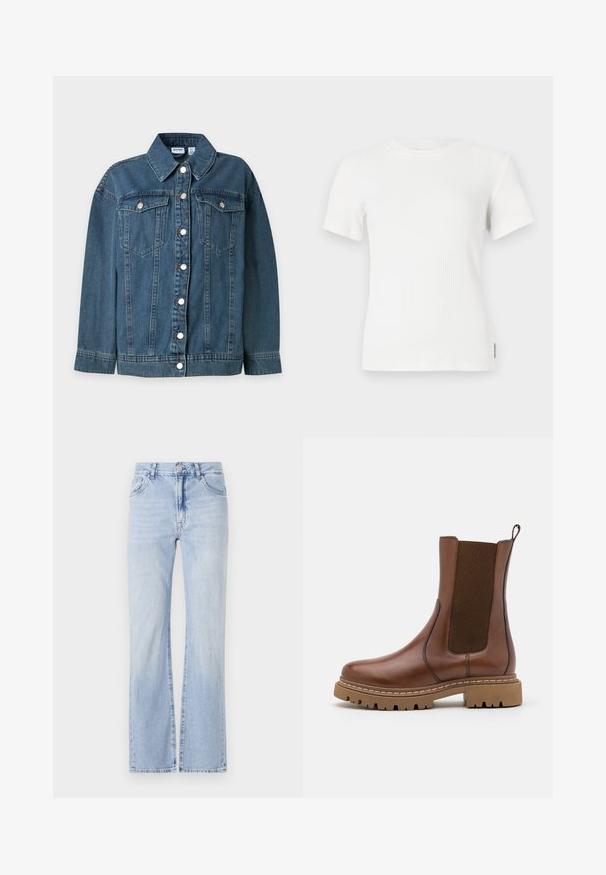 Blå denim jakke med lange ærmer, krave, foran knaplukning og to brystlommer med knaplukning.; Hvid ribbet kortærmet t-shirt med rund halsudskæring. Blød tekstur, tætsiddende design og minimale syninger.; Lysblå denim flared jeans med fem lomme-design, bæltestropper og knaplukning. Blød tekstur med subtil fading.; Brune læder ankelstøvle med elastiske paneler og en trækflap. Har en kraftig gummisål og synlige stikninger langs kanterne.