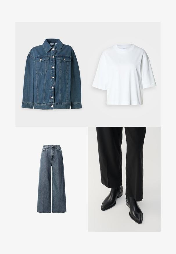 Chaqueta de mezclilla azul con mangas largas, cuello, cierre frontal con botones y dos bolsillos en el pecho con botones.; Camiseta blanca corta con mangas cortas, escote redondo, hecha de material de algodón suave, con un diseño simple y limpio.; Jeans de pierna ancha y talle alto en denim azul oscuro. Cuenta con bolsillos frontales clásicos, presillas para cinturón y cierre con cremallera y botón de metal.; Botas de tobillo de cuero negro con punta afilada, textura suave y tacón cuadrado. Combinadas con pantalones anchos negros, creando una silueta elegante.