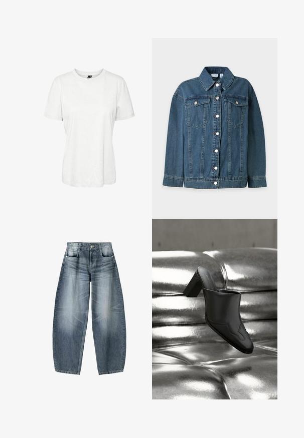 Modrá rifľová bunda s dlhými rukávmi, golierom, predným zapínaním na gombíky a dvoma zapínacími vreckami na hrudi.; Biely krátky rukáv tričko vyrobené z bavlny s okrúhlym výstrihom a voľným strihom. Hladká textúra a žiadne viditeľné vzory alebo ozdoby.; Džínsy s širokými nohavicami vyrobené z svetlomodrého denim materiálu s opotrebovaním, s piatimi vreckami, zapínaním na gombík a minimálnym prešívaním.; Čierny kožený mule s blokovým podpätkom ležiaci na lesklom striebornom prešívanom povrchu, zdôrazňujúci jeho elegantný dizajn a zakrivené detaily.