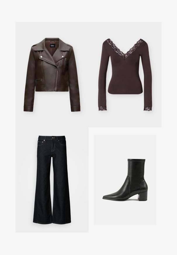 Veste de motard en simili cuir marron foncé avec fermeture éclair asymétrique à l'avant, large col, poches zippées et manches longues.; Haut ajusté à manches longues de couleur brun foncé, avec un col en V et des poignets bordés de dentelle florale assortie.; Jean en denim foncé à jambes larges avec une taille haute, un design à cinq poches et une couture contrastée jaune le long des coutures.; Bottine noire en cuir lisse, avec un bout pointu, un talon carré et des coutures surélevées distinctes au bord supérieur.