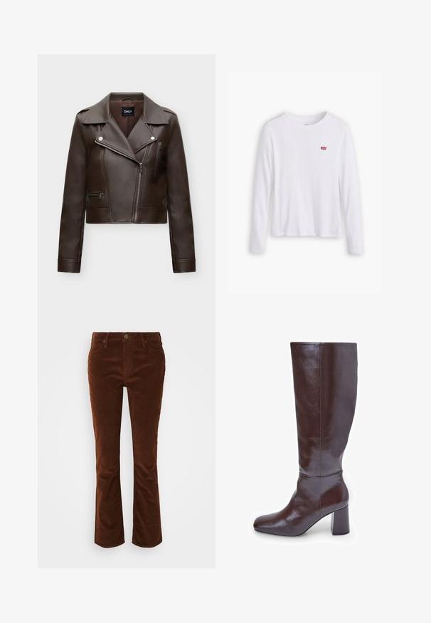 Cazadora de motorista marrón oscuro de cuero sintético con cremallera frontal asimétrica, cuello ancho, bolsillos con cremallera y mangas largas.; Camisa blanca de manga larga hecha de suave algodón. Presenta un pequeñoLogo rojo de Levi's en el lado izquierdo del pecho. Diseño clásico de cuello redondo.; Pantalones de pana marrón de corte acampanado con una textura suave, que presentan un cierre de cremallera y botón, además de un diseño estándar de cinco bolsillos.; Botas de cuero marrón hasta la rodilla con puntera cuadrada y un tacón grueso. El acabado es brillante, resaltando la textura suave y las líneas de diseño.