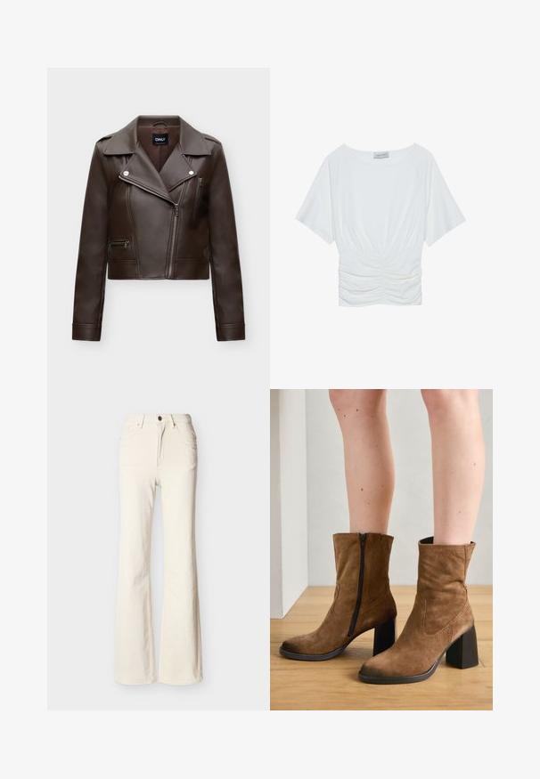 Veste de motard en simili cuir marron foncé avec fermeture éclair asymétrique à l'avant, large col, poches zippées et manches longues.; Haut blanc à manches courtes avec une coupe décontractée, présentant un design froncé à la taille et une texture de tissu lisse. Étiquette : Anna Field.; Jean taille haute couleur blanc cassé avec bouton à l'avant, fermeture éclair, poches avant et arrière, et coupe légèrement évasée au niveau des jambes.; Bottes chelsea en suède marron avec fermeture éclair, talons carrés et texture lisse, présentant une couture simple le long des côtés.