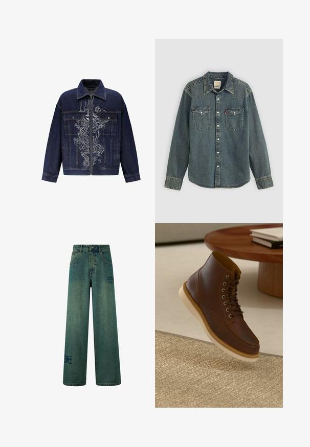 Chaqueta de mezclilla en azul oscuro, con un destacado bordado de dragón blanco en la parte frontal, cierre de cremallera y dos bolsillos delanteros.; Camisa de denim de manga larga, con botones en la parte delantera, dos bolsillos en el pecho y un lavado azul oscuro. Presenta un cuello con puntas y costuras de contraste.; Jeans de pierna ancha en denim azul oscuro con una sutil textura desgastada. Con bolsillos traseros y un detalle decorativo de logo.; Botín de cuero marrón con suela beige sobre una alfombra beige texturizada al lado de una mesa redonda de madera con libros apilados.