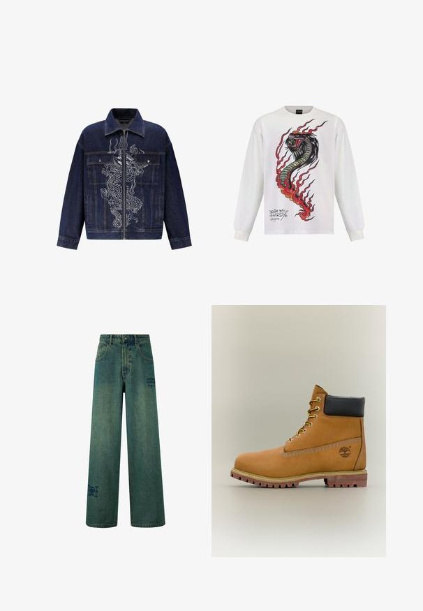 Veste en denim bleu foncé, présentant une broderie de dragon blanc sur le devant, fermeture éclair et deux poches avant.; Chemise blanche à manches longues arborant un design de serpent coloré avec des flammes et des détails complexes, étiquetée "Designs Don Ed Hardy".; Jeans à jambe large en denim bleu foncé avec une légère texture décolorée. Comprend des poches arrière et un détail logo décoratif.; Bottine en cuir marron avec col noir, lacets jaunes et semelle beige. Présente un logo et des détails de couture blanche. Semelle extérieure à traction robuste.