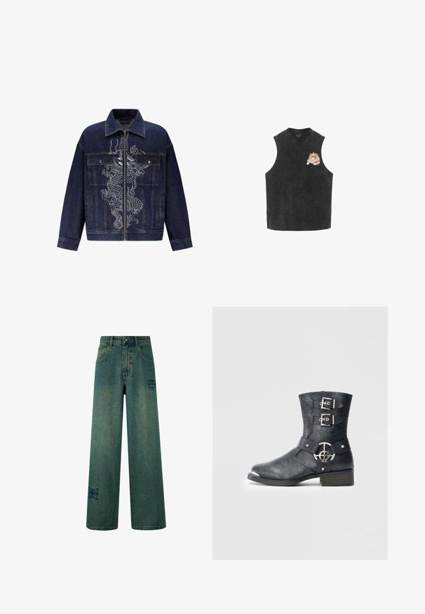 Dunkelblaue Jeansjacke mit einem auffälligen weißen Drachenstickerei auf der Vorderseite, mit Reißverschluss und zwei Vordertaschen.; Schwarzes ärmelloses Oberteil mit buntem Blumen-"AllSaints Rock"-Logo auf der oberen linken Brust, mit leicht ausgewaschener Stoffstruktur.; Weite Jeans aus dunkelblauem Denim mit einer dezenten, verblassten Textur. Mit Gesäßtaschen und einem dekorativen Logodetail.; Schwarzer Lederknöchelstiefel mit abgerundeter Spitze, zwei Riemen mit Schnallen, silbernen Metallakzenten und niedrigem Blockabsatz. Strukturierte Oberfläche.