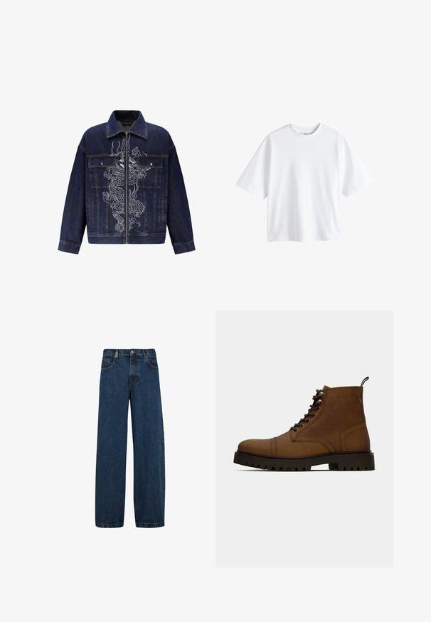 Chaqueta de mezclilla en azul oscuro, con un destacado bordado de dragón blanco en la parte frontal, cierre de cremallera y dos bolsillos delanteros.; Next BOXY FIT - HEAVYWEIGHT T-SHIRT . - Camiseta básica - white; Vaqueros de mezclilla en azul oscuro, con un corte de pierna ancha, diseño de cinco bolsillos y un cierre clásico de botón con cremallera de metal.; Botín de cuero marrón con cordones, pernas cortas y suela negra gruesa con relieve, con una pestaña de agarre, sobre un fondo blanco.