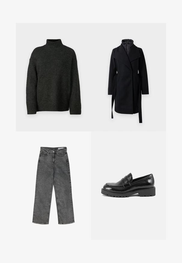 Abrigo de mezcla de lana negro con un diseño cruzado, que presenta un cuello de tipo puffer, mangas largas y lazos laterales para un ajuste ajustable. Textura suave, sin patrón.; Vero Moda Tall VMMADDIE HIGHNECK PULL - Jersey de punto - dark grey melange; Jeans rectos de tiro alto, de color negro desgastado, con bolsillos frontales, trabillas para cinturón, cierre de botón y una etiqueta de marca en la parte interna de la cintura.; Mocasin de charol negro con punta estructurada, tira decorativa en el empeine y suela gruesa y robusta. Acabado suave y brillante.