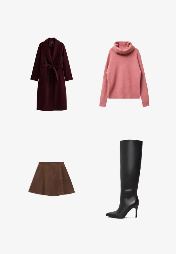 Burgunderfarbener Wollmantel mit Reverskragen, langen Ärmeln, zwei Fronttaschen und einem Stoffgürtel in der Taille. Glatte Textur, knielanges Design.; Rosa gestrickter Pullover mit einem hohen, gerippten Rollkragen. Verfügt über lange Ärmel und eine lockere Passform. Weiche Textur mit glatter Oberfläche.; Brauner Wildleder-Minirock in A-Linie mit vorderer Knopfleiste und Nahtdetails, auf weißem Hintergrund gezeigt.; Schwarze kniehohe Stöckelschuhstiefel aus Leder mit spitzer Zehenform und glänzender, glatter Oberfläche. Verfügt über einen hohen, schlanken Absatz für eine verlängerte Silhouette.