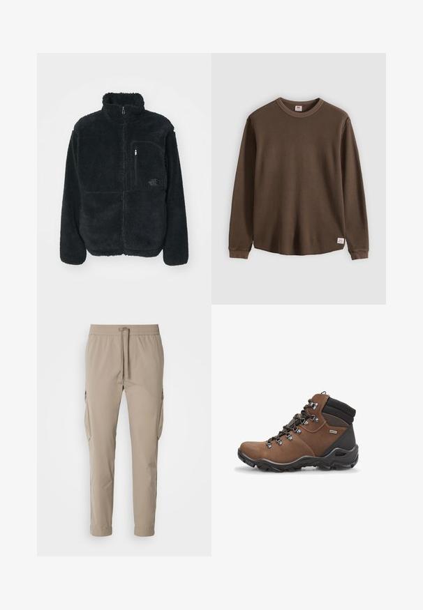 Schwarze Fleecejacke mit hohem Kragen, durchgehendem Reißverschluss und einer Brusttasche. Verfügt über eine strukturierte, weiche Oberfläche und ein Logo auf der Tasche.; Braunes, geripptes Langarmshirt aus strukturiertem Stoff, ausgestattet mit einem runden Ausschnitt und einem kleinen Etikett am unteren Saum.; Beige Cargo-Hosen mit elastischem Bund und Kordelzug. Sie verfügen über Seitentaschen und ein schmal zulaufendes Bein, gefertigt aus leichtem Stoff.; Helle mid-cut Wanderschuhe aus braunem Leder mit schwarzen Akzenten, ausgestattet mit Metallösen, strapazierfähigen Schnürsenkeln und einer strukturierten Gummisohle.