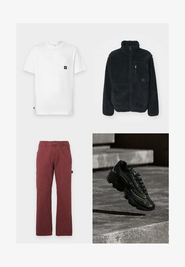 Sort fleecejakke med høj krave, fuld frontlynlås og brystlomme. Har en tekstureret, blød overflade og logo på lommen.; Hvid bomulds T-shirt med rund halsudskæring, korte ærmer og en brystlomme med en sort logopatch. Glat tekstur, løs pasform.; Herre lige ben arbejdsbukser i mørkerød med forlommer, bæltestropper, knap, lynlås lukning og en sidelomme til værktøj.; Sort New Balance sneaker med neon grønne accenter svævende over grå betontrin i dæmpet belysning.
