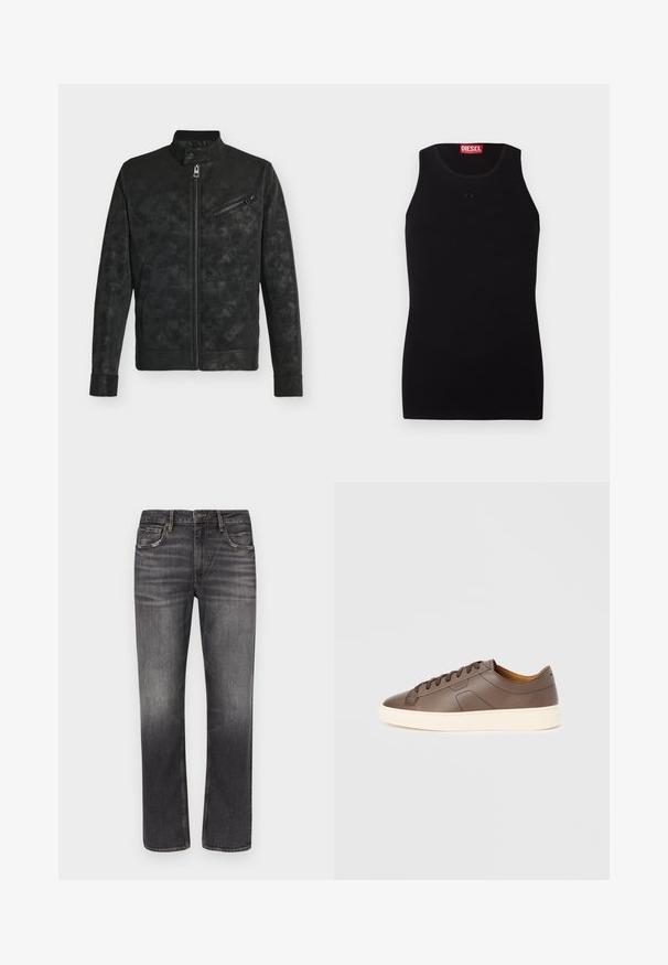 Veste noire en cuir synthétique avec fermeture éclair à l'avant, col montant avec bouton-pression, poche poitrine zippée en biais et deux poches latérales.; Débardeur noir Diesel avec col rond, petit logo ton sur ton sur la poitrine et étiquette rouge à l'intérieur du col sur fond blanc.; Jean droit pour homme en denim gris foncé avec légère décoloration et design classique à cinq poches sur fond blanc.; Baskets en cuir marron à texture lisse, semelle extérieure crème contrastante, bout arrondi et lacets marron foncé ; présente un logo discrètement embossé.