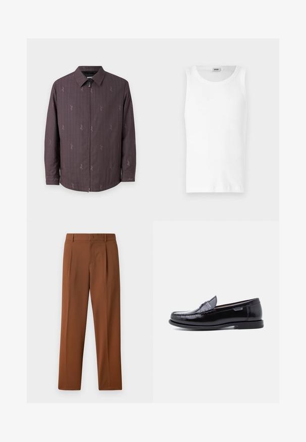 Chaqueta marrón con rayas verticales y un patrón sutil. Con cierre frontal y un cuello clásico. Fabricada con tejido texturizado.; Camiseta sin mangas de algodón blanco con cuello redondo y una textura suave. Diseño sencillo, sin patrones ni acentos.; Pantalones marrones con una textura suave y mate, que presentan un diseño con pliegues en la parte frontal y piernas rectas. Fabricados en un tejido ligero y transpirable.; Mocasines de cuero negro con acabado brillante, que presentan un diseño cosido en la puntera y una suela baja de goma negra texturizada.