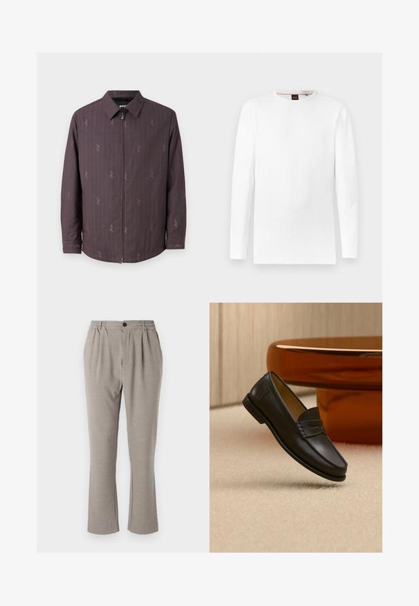 Veste bordeaux avec des rayures verticales et un motif subtil. Dotée d'une fermeture éclaire avant et d'un col classique. Fabriquée en tissu texturé.; T-shirt blanc à manches longues en matière texturée, avec un col rond et un logo discret embossé au centre.; Pantalons gris clair avec une coupe décontractée, fabriqués en tissu doux, présentant une taille élastique, des plis et une fermeture à un bouton.; Chaussure mocassin en cuir noir suspendue au-dessus d’un tapis beige avec du mobilier moderne couleur ambre en arrière-plan.