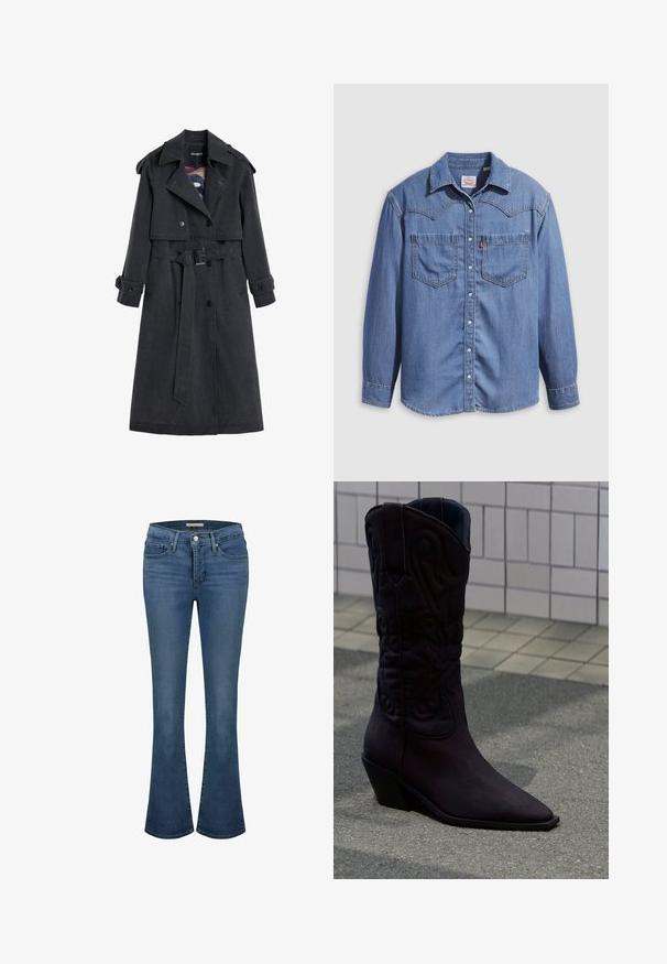 Schwarzer Trenchcoat mit Knopfleiste, tailliertem Gürtel und breiten Revers. Hergestellt aus strukturiertem Stoff, mit Epauletten und Seitentaschen.; Hellblaues Jeanshemd mit spitzem Kragen, zwei Brusttaschen und Druckknöpfen. Verfügt über ein Western-Stil Rückenpasse-Design.; Blaue Jeans im Flared-Stil mit mittelhoher Taille, ausgestattet mit Ziernähten, zwei vorderen Taschen und einer hinteren Paspeltasche.; Dunkelbrauner Leder-Cowboystiefel mit dekorativer Naht, spitzer Spitze und schrägem Absatz, stehend auf Pflasterstein nahe einer gefliesten Wand.