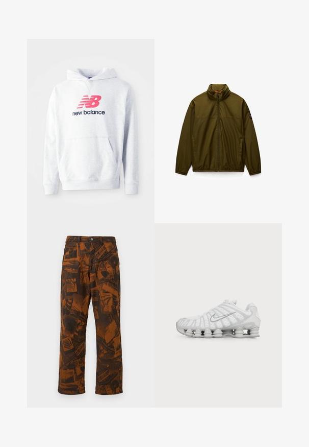 Lichtgewicht olijfgroen jack met rits, hoge kraag, elastische manchetten en zoom, zijkantenzakken en ronde logopatch op de linker manchet.; Lichtgrijze hoodie met een voorste kangoeroezak en een rood "NB" logo boven de tekst "new balance" in zwart op de borst.; Bruine gestreepte broek met een collage van donkere ontwerpen, uitlopende pijpen, standaard knoop- en ritssluiting, en vijf-pocket stijl.; Witte Nike hardloopschoen met zichtbare luchtdempende zool en zilveren swoosh-logo aan de zijkant, gezien vanaf de buitenkant.