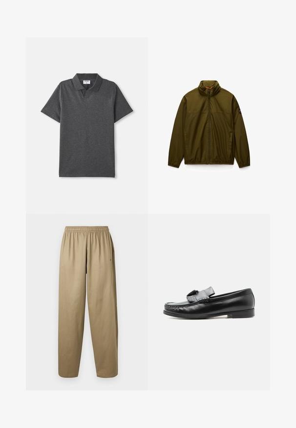 Veste légère zippée vert olive avec col montant, poignets et ourlet élastiqués, poches latérales, et patch logo rond sur la manche gauche.; Polo shirt gris charbon à manches courtes avec col et sans boutons visibles, posé à plat sur un fond blanc.; Pantalon kaki ample avec ceinture élastique et poches latérales, présenté sur un fond blanc uni.; Mocassin en cuir noir avec un détail pompon, talon bas et bout arrondi, présenté de profil sur un fond uni clair.