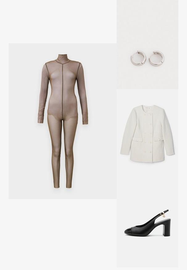 Abrigo blanco de doble faz con una tela texturizada, cuello redondo y dos bolsillos frontales, con acentos decorativos de botones.; Bodysuit de malla marrón con mangas largas y cuello simulado. Presenta un diseño sin costuras con una silueta ajustada y un detalle de costura mínima.; Zapato de tacón negro de cuero con tira trasera, tacón ancho, puntera de charol puntiaguda, correa ajustable con hebilla y pequeño detalle de colgante dorado.; Pendientes de aro de metal en tono plateado con forma redondeada y acabado pulido. Cada pendiente cuenta con un cierre articulado para un uso seguro.