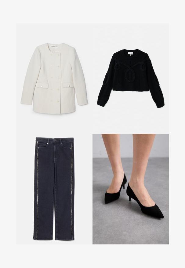 Manteau blanc à double boutonnage en tissu texturé, col rond et deux poches avant, avec des accents de boutons décoratifs.; Pull en tricot noir avec un design court, un tissu texturé et des accents tressés sur le devant et les manches.; Jean en denim foncé avec une coupe droite, ornée d'une rangée de clous métalliques le long des coutures latérales, apportant un accent distinctif.; Talons aigus en daim noir avec un talon moyen slim et classique, et une large ouverture, présentés sur des pieds nus sur un fond gris.