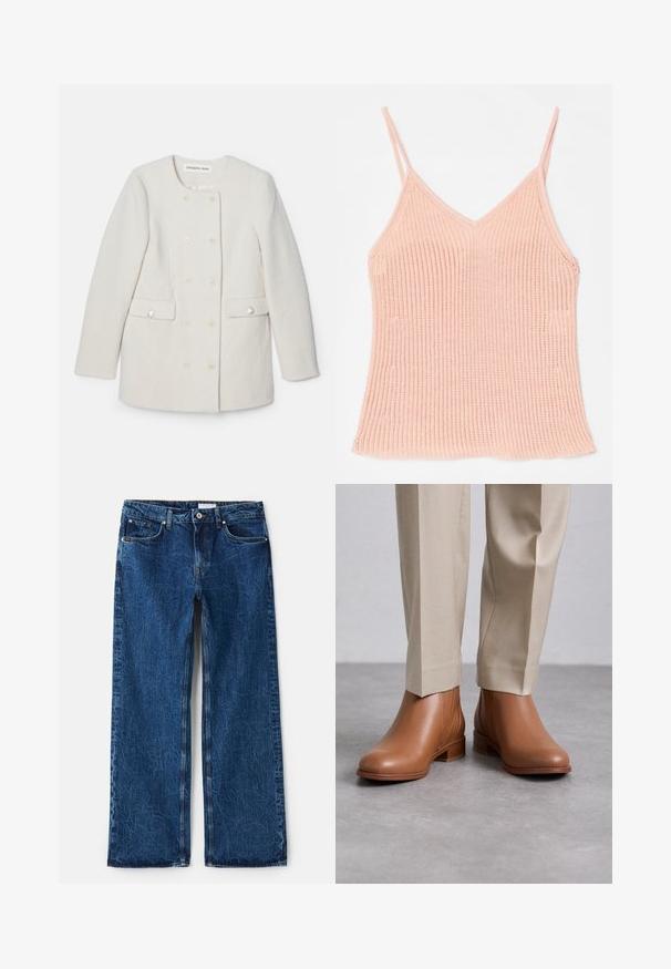 Dobbeltbrystet hvid frakke i struktureret stof, rund krave og to forlommer med dekorative knapdetaljer.; Peachfarvet strikket tanktop med tynde justerbare stropper, V-halsdesign, ribbet tekstur og lige kant.; Bredde ben jeans i mørkeblåt denim med en tekstureret overflade, der har fem lommer, metal nitter og en knaplukning.; Brune læder ankelstøvler med en tekstureret overflade, rund tå og lav stakkt hæl, parret med lysebeige bukser.