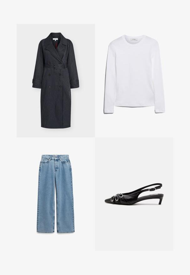 Marineblauwe dubbelgeknoopte trenchcoat met witte fijne strepen, ceintuur in de taille, brede revers en met knopen gesloten mouwbandjes.; Wit T-shirt met lange mouwen, gemaakt van ribgebreide katoen, met een ronde halslijn en een rechte zoom. Eenvoudig ontwerp zonder patronen of accenten.; Lichtblauwe spijkerbroek met een wijde pijp, knopen en ritssluiting aan de voorkant, en een vijfzakkenmodel.; Zwarte leren slingback schoen met puntige neus, drie zilveren gespen aan de voorkant en lage kittenhak op witte achtergrond.