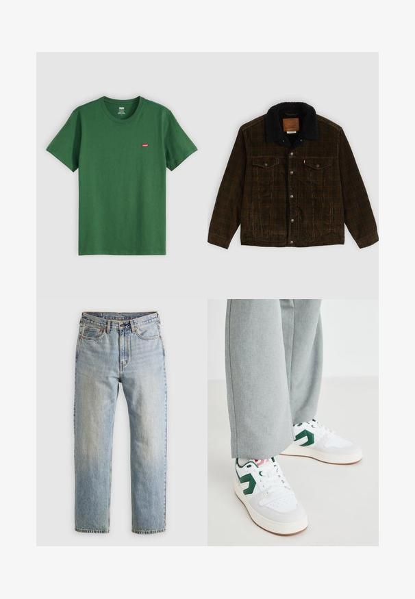 Brun kordfløjlsjakke med sort fleecekrave, lukning med metal knapper, to brystlommer med knapklapper og sidelommer til hænderne.; Grøn bomulds t-shirt med rund hals, korte ærmer og et lille rødt Levi's-logo på venstre bryst. Blød tekstur, standard pasform.; Lysblå denim jeans med høj talje, frontknap, lynlås og fem-lomme design, lagt fladt på en neutral baggrund.; Hvide og grønne sneakers med glat læder og ruskindsmaterialer, der har en fremtrædende grøn logo-accents og hvide snørebånd. Grå bukser er delvist synlige.
