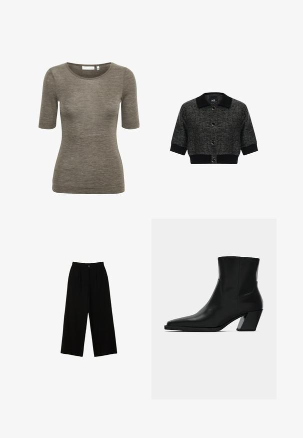 Kurzer schwarzer Cardigan mit einem strukturierten Kragen, runden Knöpfen und strukturiertem Stoff. Verkürzte Ärmel und ein einfarbiger schwarzer Saum runden das Design ab.; Braun kurzärmeliges T-Shirt aus weichem, strukturiertem Material mit Rundhalsausschnitt. Verfügt über ein dezentes Markenlogo nahe dem Saum.; Schwarze weit geschnittene Hose aus einem glatten Material, mit hoher Taille, Vorderfalten und einem einzelnen Knopfverschluss vorne.; Schwarze Leder-Stiefelette mit spitzem Zeh, schlanker Silhouette und klobigem quadratischem Absatz. Glatte Textur mit minimalen Nähdetails.