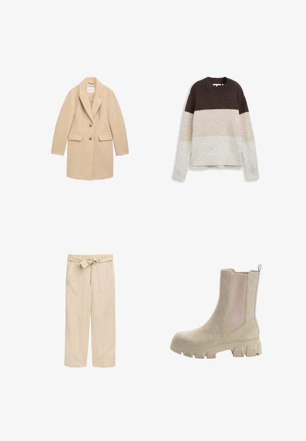 Beige uldblandet frakke med en skræddersyet silhuet, klippede lapeller, to forlommer og to knapper. Glat tekstur og minimalistisk design.; Strikket sweater med farveblokdesign i mørkebrune, beige og lysegrå striber. Ribbet halsudskæring og manchetter. Blød tekstur.; Beige vid bukser med en struktureret rem, der har to sidelommer og en ren kant. Lavet af letvægtsstof for komfort.; Beige Chelsea støvler med en glat læderoverdel og elastiske sidepaneler. Tyk, robust gummisål med karakteristisk mønster og trækstrop.