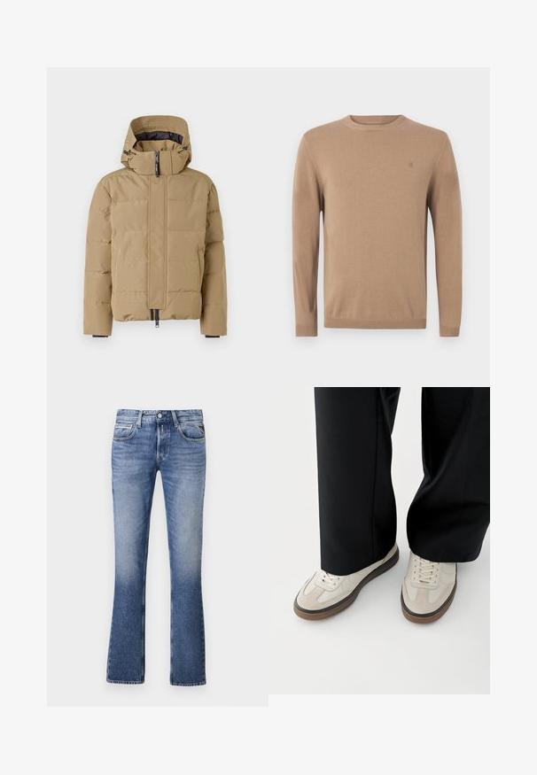 Beige Daunenjacke mit abnehmbarem Kapuzen, Reißverschluss vorne und gesteppten Paneelen. Verfügt über elastische Bündchen und eine glatte Außenfläche.; Beige gestrickter Pullover mit Rundhalsausschnitt, langen Ärmeln und kleinem Logo auf der Brust. Mit gerippten Bündchen und Saum für eine enge Passform.; Helle Blaujeans aus Denim mit einem ausgestellten Bein-Design, das fünf Taschen, einen Knopfverschluss vorne und dezente Verblassungen aufweist.; Füße mit beigen Sneakers mit braunen Sohlen und schwarzen Hosen mit weitem Bein auf weißem Hintergrund.