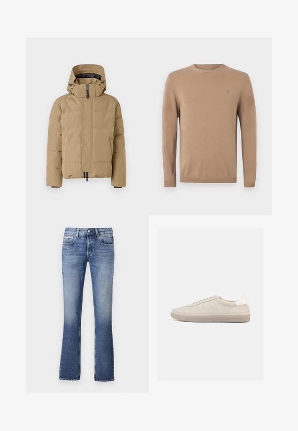Beige Daunenjacke mit abnehmbarem Kapuzen, Reißverschluss vorne und gesteppten Paneelen. Verfügt über elastische Bündchen und eine glatte Außenfläche.; Beige gestrickter Pullover mit Rundhalsausschnitt, langen Ärmeln und kleinem Logo auf der Brust. Mit gerippten Bündchen und Saum für eine enge Passform.; Helle Blaujeans aus Denim mit einem ausgestellten Bein-Design, das fünf Taschen, einen Knopfverschluss vorne und dezente Verblassungen aufweist.; Beiger Wildleder-Sneaker mit strukturiertem Obermaterial, glattem weißen Fersenbereich, dünnen Schnürsenkeln und Gummisohle. Verfügt über ein flaches Design.