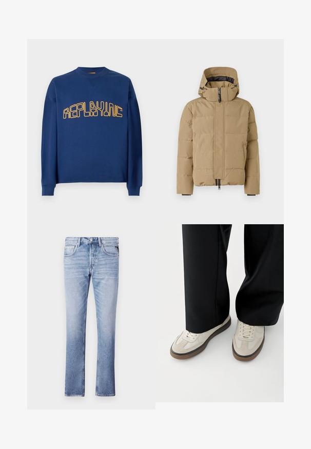 Beige pufferjack met afneembare capuchon, rits aan de voorkant en gestikte panelen. Beschikt over elastische manchet en een gladde buitenafwerking.; Marineblauwe crewneck sweatshirt met lange mouwen en geel gestileerde tekst "REPLAYINC" over de borst.; Lichtblauwe denim jeans met een rechte pijpdesign, vijf zakken en zichtbare stikseldetails. Fluweelzachte textuur en klassieke pasvorm.; Voeten met beige sneakers met bruine zolen en zwarte wijde broekspijpen op een witte achtergrond.