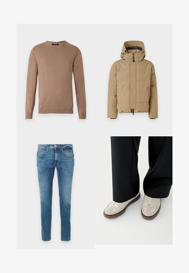Veste doudoune beige avec une capuche amovible, une fermeture éclair à l'avant et des panneaux cousus. Elle possède des poignets élastiques et une finition extérieure lisse.; Pull beige à manches longues avec un col rond, fabriqué dans un tissu doux et texturé. Présente des poignets et un ourlet côtelés, ainsi qu'un petit détail de logo.; Jean en denim bleu clair avec une coupe droite. Comprend cinq poches, une braguette à boutons et des surpiqûres contrastantes le long des coutures.; Pieds portant des baskets beige avec des semelles marron et un pantalon noir à jambes larges sur fond blanc.