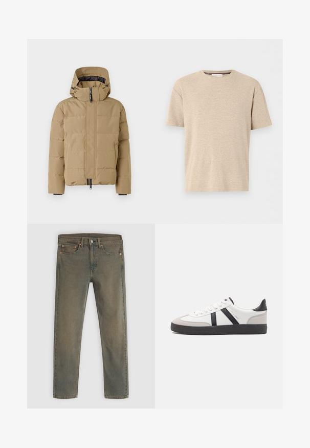 Beige pufferjack met afneembare capuchon, rits aan de voorkant en gestikte panelen. Beschikt over elastische manchet en een gladde buitenafwerking.; Beige katoenen T-shirt met korte mouwen en ronde hals, met een subtiele horizontale textuur, afgebeeld op een witte achtergrond.; Donkergroene denim jeans met een recht gesneden ontwerp, vijf zakken en koperen hardwareaccenten. De vervaagde textuur geeft een versleten uitstraling.; Witte sneaker met zwarte en grijze accenten, voorzien van een grijze neus met textuur, zwarte rubberen zool en platte witte veters. Schoon ontwerp, minimalistische stijl.