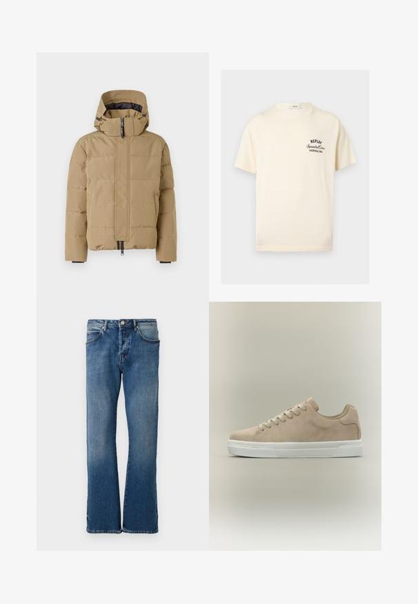 Beige pufferjack met afneembare capuchon, rits aan de voorkant en gestikte panelen. Beschikt over elastische manchet en een gladde buitenafwerking.; Crèmekleurig T-shirt met korte mouwen met zwarte tekst "REPLAY Squadra Corse ADRENALINA" op de linkerborst en een ronde halslijn.; Lichtblauwe denim jeans met een rechte pijpontwerp, voorzien van vijf zakken, een knoopsluiting en subtiele vervagingen op de stof.; Beige suède lage sneaker met witte rubberen zool en beige veters op een effen lichte achtergrond.