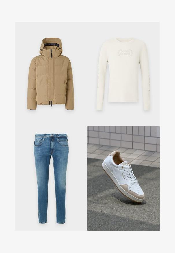 Beige pufferjakke med aftagelig hætte, lynlås foran og stitched paneler. Har elastiske manchetter og en glat overfladefinish.; Langærmet cremefarvet ribstrikket T-shirt med "DODGE DEMON" broderet på forsiden og grafik trykt på højre ærme. Blød tekstur.; Denimjeans i lyseblå med lige ben. Har fem lommer, lynlås med knapper og kontrastsømme langs syningerne.; Hvide lædersneakers med beige ruskindsdetaljer, flade snørebånd, perforeret tåboks og guldlogo på tungen og siden.