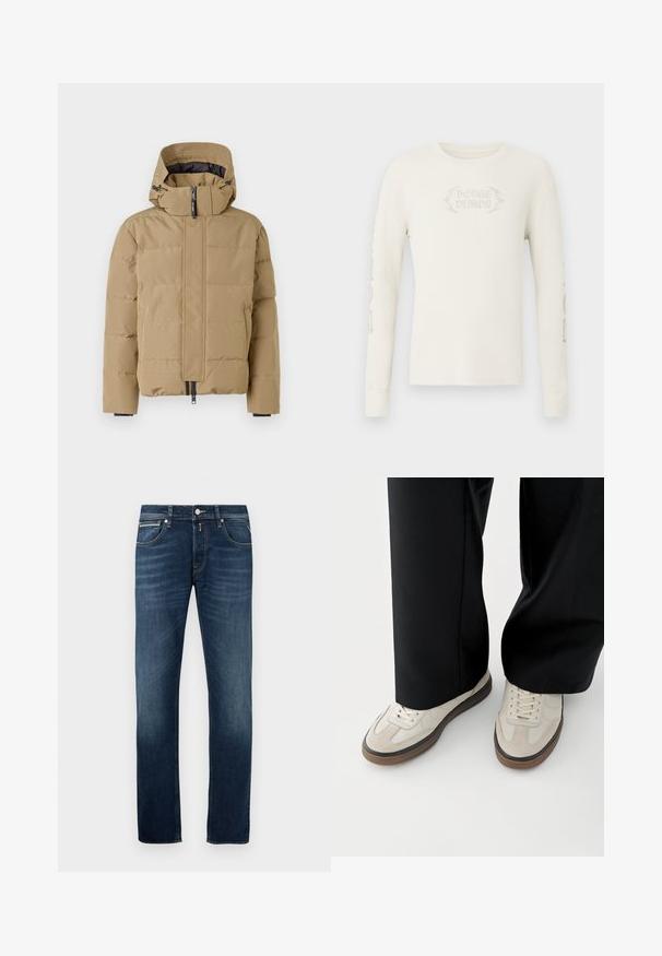 Beige Daunenjacke mit abnehmbarem Kapuzen, Reißverschluss vorne und gesteppten Paneelen. Verfügt über elastische Bündchen und eine glatte Außenfläche.; Langärmeliges, cremefarbenes, geripptes T-Shirt mit der Stickerei "DODGE DEMON" auf der Vorderseite und Grafiken auf dem rechten Ärmel. Weiche Textur.; Dunkelblaue Gerade geschnittene Jeans mit leichter Ausbleichung an den Oberschenkeln, fünf Taschen und einem metallenen Knopfverschluss an der Taille.; Füße mit beigen Sneakers mit braunen Sohlen und schwarzen Hosen mit weitem Bein auf weißem Hintergrund.