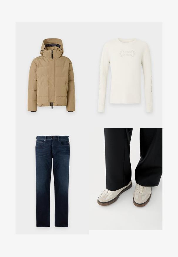 Beige pufferjakke med aftagelig hætte, lynlås foran og stitched paneler. Har elastiske manchetter og en glat overfladefinish.; Langærmet cremefarvet ribstrikket T-shirt med "DODGE DEMON" broderet på forsiden og grafik trykt på højre ærme. Blød tekstur.; Mørkeblå denimjeans med lige ben-design, fem-lomme stil og en synlig knaplukning i livet. Glat tekstur.; Fødder iført beige sneakers med brune såler og sorte bukser med vide ben på hvid baggrund.