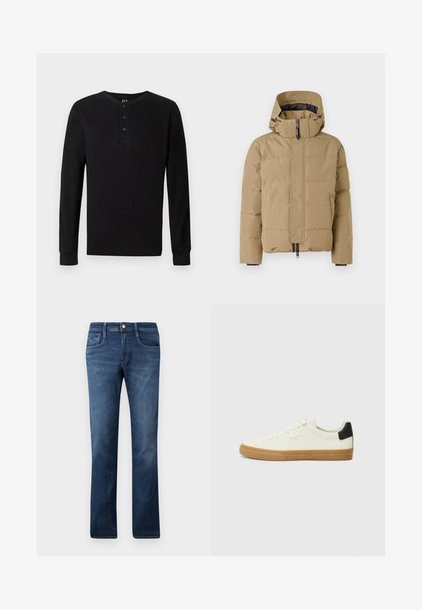 Beige pufferjack met afneembare capuchon, rits aan de voorkant en gestikte panelen. Beschikt over elastische manchet en een gladde buitenafwerking.; Zwarte langelijf henley-shirt met een drieknoopsluiting bij de hals, zachte textuur en geribbelde manchetten, met een klassieke pasvorm en minimalistisch ontwerp.; Blauwe denim jeans met een recht gesneden ontwerp, voorzien van zijzakken, een ritssluiting en een knoopsluiting. Medium was met subtiele vervaging.; Witte canvas sneaker met een gum rubberen zool, zwart accent op de hiel, ronde neus en vetersluiting. Bevat het merlogo in goud aan de zijkant.