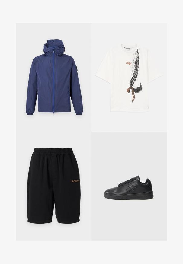 Veste légère à capuche bleu marine avec fermeture éclair complète sur le devant, deux poches latérales zippées, poignets élastiques et une petite écusson sur la manche gauche.; T-shirt blanc à manches courtes avec un grand graphisme représentant une coiffure en tresse agrémentée de fleurs et d'un nœud marron près du bas.; Shorts en coton noirs avec une taille élastique, coupe droite et poches latérales. Présente l'inscription "No Problemo" brodée en orange sur le devant.; Baskets en cuir noir avec une finition lisse, bout rond, lacets texturés et logo embossé sur le côté. Semelle en caoutchouc plate.