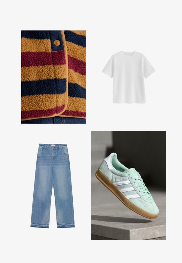 Fleece jas met horizontale strepen in mosterd, bordeaux en marineblauw. Heeft een gestructureerd oppervlak en een knoopsluiting.; Effen witte T-shirt met korte mouwen en ronde hals, regular fit en een gladde stoftextuur op een witte achtergrond.; Lichtblauwe hoge taille wijde jeans met een knoopsluiting, voorzakken, riemlussen en subtiele vervaagde details.; Adidas Gazelle sneaker in muntgroen suede met witte accenten, vetersluiting en een gumrubberen zool. Voorzien van drie witte strepen.