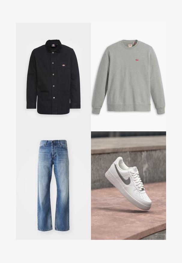 Zwarte denim werkjas met een kraag, drukknoopsluiting, borstzak en twee voorzakken. Glad textuur met een stevig ontwerp.; Grijze sweatshirt gemaakt van zacht katoen. Heeft een ronde hals en lange mouwen. Toont een klein rood Levi's logo op de borst.; Blauwe denim straight-leg jeans met lichte vervaging op de dijen en knieën, met vijf zakken en een knoopsluiting.; Witte Nike Air Force 1 sneaker met grijs swoosh-logo zwevend boven een stenen oppervlak en een grijze stenen muur op de achtergrond.