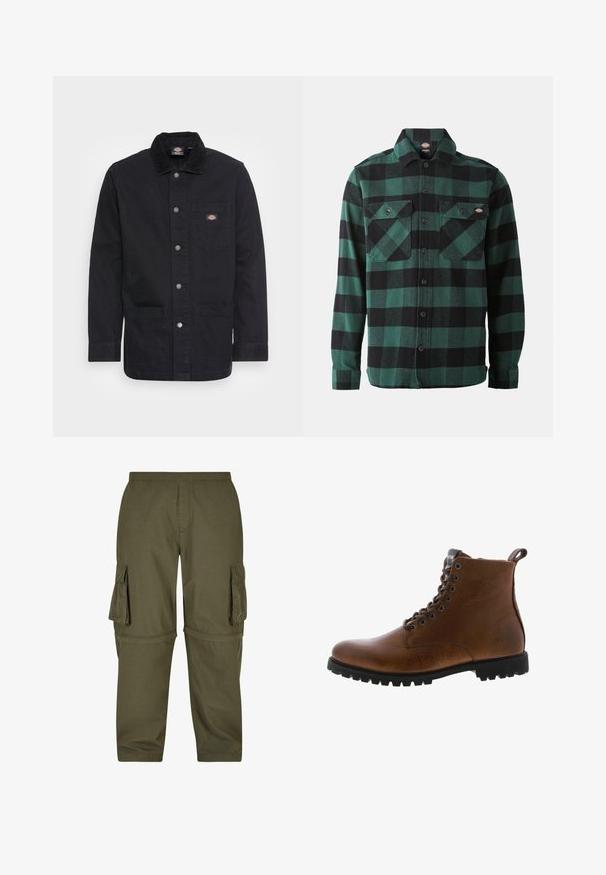 Zwarte denim werkjas met een kraag, drukknoopsluiting, borstzak en twee voorzakken. Glad textuur met een stevig ontwerp.; Groene en zwarte geruite flanellen overhemd met lange mouwen, knoopsluiting aan de voorkant, twee borstzakken en een klassieke kraag. Zachte textuur, veelzijdig ontwerp.; Olijfgroene cargobroek gemaakt van lichtgewicht stof, met meerdere zijzakken, een elastische tailleband en een recht gesneden ontwerp.; Bruine leren enkelbotten met een gestructureerde afwerking, metalen oogjes en een zwarte rubberen profielzool. Voorzien van een trekband aan de achterkant voor gemakkelijke instap.