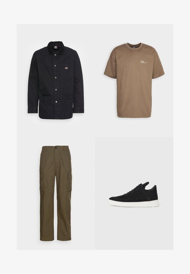 Sort denim arbejdsjakke med krave, trykknapper, brystlomme og to forlommer. Glat tekstur med robust design.; Dr.Denim TROOPER TEE - T-shirts print - walnut; Cargo bukser i olivengrøn, lavet af slidstærkt stof. Har to sidelommer, en standard talje og en lige ben design.; Sort ruskinds sneaker med en hvid gummisål, der har tonalt syet detalje og snørredesign. Glat tekstur med en moderne, strømlinet form.