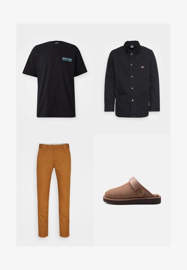 Schwarze Denim-Arbeitsjacke mit Kragen, Druckknöpfen, Brusttasche und zwei Fronttaschen. Glatte Textur mit robuster Bauweise.; Schwarzes Baumwoll-T-Shirt mit kurzen Ärmeln, das ein blaues "DICKIES WORKWEAR COMPANY"-Logo auf der linken Brust trägt. Klassischer Rundhalsausschnitt.; Braune Baumwollhose mit geradem Schnitt, Fronttaschen und einer sauberen, glatten Textur. Verfügt über Gürtelschlaufen und dezente Nähdetails.; Brauner Slip-on-Clog mit verstellbarem Stoffriemen und Metallknopf, mit einer dicken schwarzen robusten Sohle für den Außenbereich.