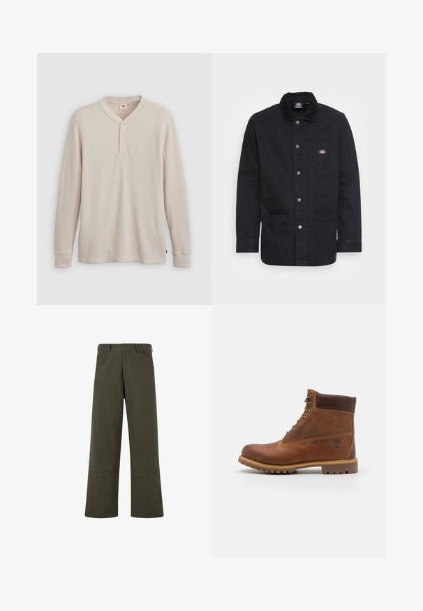 Sort denim arbejdsjakke med krave, trykknapper, brystlomme og to forlommer. Glat tekstur med robust design.; Langærmet henley-skjorte i lys beige ribbet stof, med V-hals, tre-knap placket og manchetter ved ærmerne. Rød logo-tags ved kanten.; PROHIBITED EAST HAM CARPENTER - Bukser - green; Brun læder vandrestøvle med en glat finish, polstret ankel, metalliske snørehuller og en gummisål med et robust dækmønster.