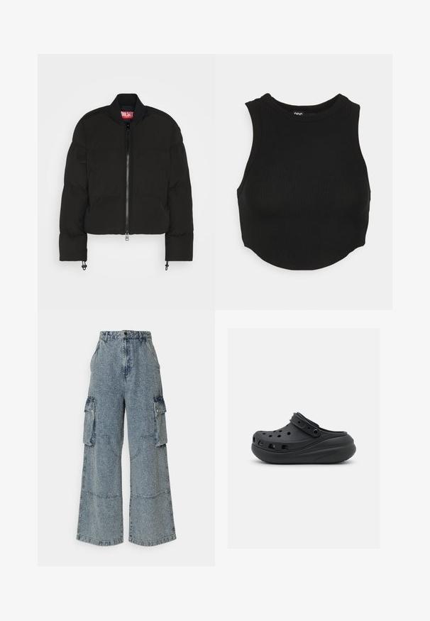 Diesel W-OLUCH - Vinterjakker - black; Sort ribbet crop top med høj hals og ærmeløs design. Blød tekstur med tætsiddende pasform og let buet kant.; Lysblå, brede denim cargo bukser med for- og sidelommer, en tekstureret finish og synlige syninger.; Sorte gummiklipper med ventilationshuller, hævet hæl og justerbar rem. Glat tekstur og rund form.