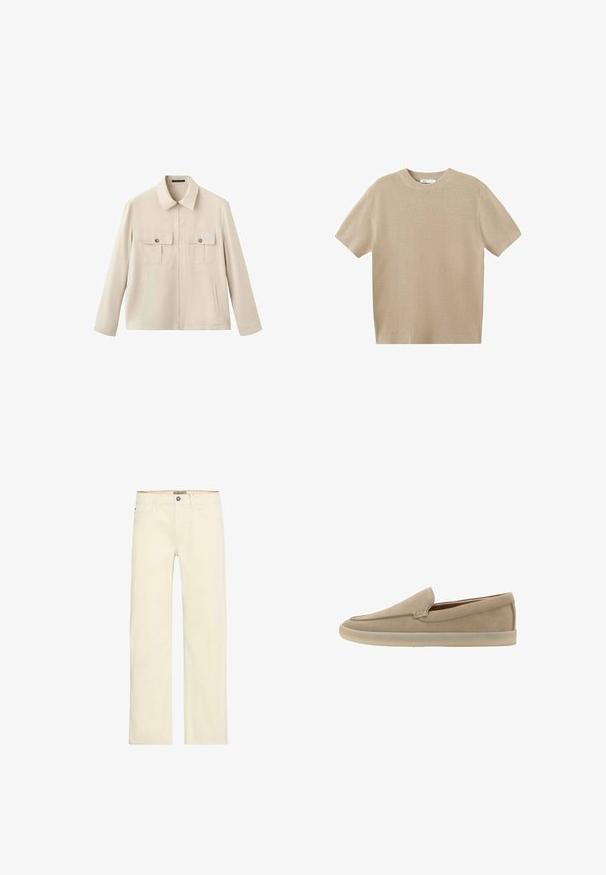 Veste beige à manches longues avec col, fermeture éclair devant, deux poches poitrine à boutons et deux poches latérales.; Pull en maille beige à manches courtes avec col rond, design uni et col, poignets et ourlet côtelés.; Jean en denim couleur crème avec une coupe droite, doté de cinq poches, d'une fermeture à boutons sur le devant et de détails de couture discrets.; Mocassin beige en daim à enfiler, semelle en caoutchouc clair, petit talon et coutures discrètes le long du bord supérieur.